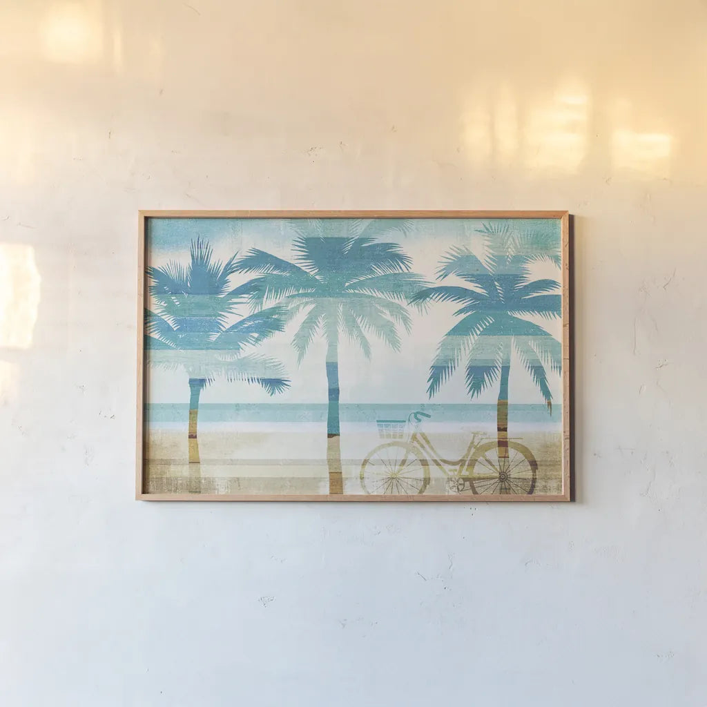 Beachscape Palms I by Michael Mullan. shown as a paper print in a natural frame. Available as a archival giclee rolled canvas, fine art paper, or poster print. SKU 23152i.