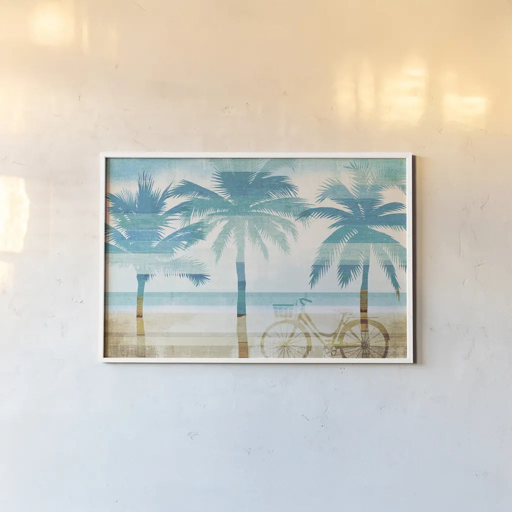 Beachscape Palms I by Michael Mullan. shown as a paper print in a white frame. Available as a archival giclee rolled canvas, fine art paper, or poster print. SKU 23152i.