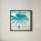 Beachscape Palms II by Michael Mullan. Shown in a sleek black glass frame for a contemporary gallery look. Available as an archival giclee rolled canvas, fine art paper, or poster print. SKU 23153a.