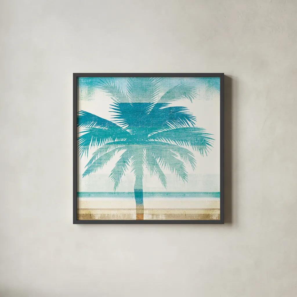 Beachscape Palms II by Michael Mullan. Shown in a sleek black glass frame for a contemporary gallery look. Available as an archival giclee rolled canvas, fine art paper, or poster print. SKU 23153a.