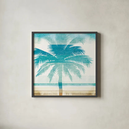 Beachscape Palms II by Michael Mullan. Shown in a sleek black glass frame for a contemporary gallery look. Available as an archival giclee rolled canvas, fine art paper, or poster print. SKU 23153a.