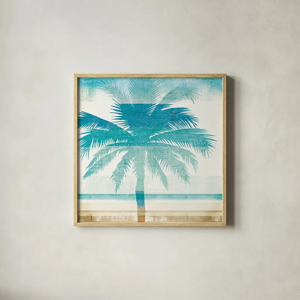 Beachscape Palms II by Michael Mullan. Shown in a natural wood glass frame for a timeless modern aesthetic. Available as an archival giclee rolled canvas, fine art paper, or poster print. SKU 23153a.