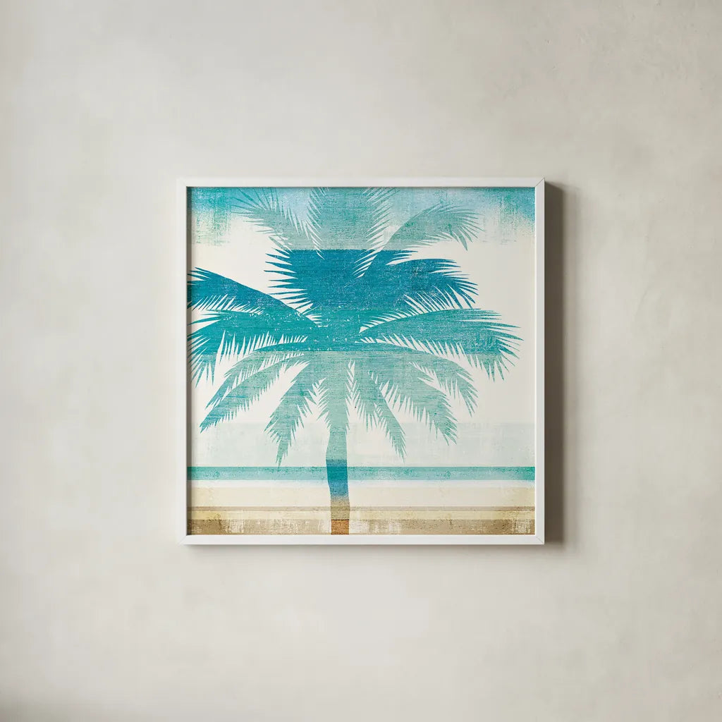 Beachscape Palms II by Michael Mullan. Shown in a crisp white glass frame for a clean and minimalist style. Available as an archival giclee rolled canvas, fine art paper, or poster print. SKU 23153a.