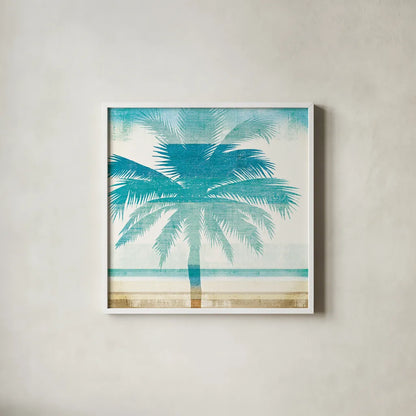 Beachscape Palms II by Michael Mullan. Shown in a crisp white glass frame for a clean and minimalist style. Available as an archival giclee rolled canvas, fine art paper, or poster print. SKU 23153a.