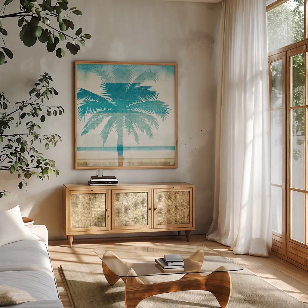 Beachscape Palms II by Michael Mullan. Shown in a natural wood frame in a cozy modern living room. Available as an archival giclee rolled canvas, fine art paper, or poster print. SKU 23153a.