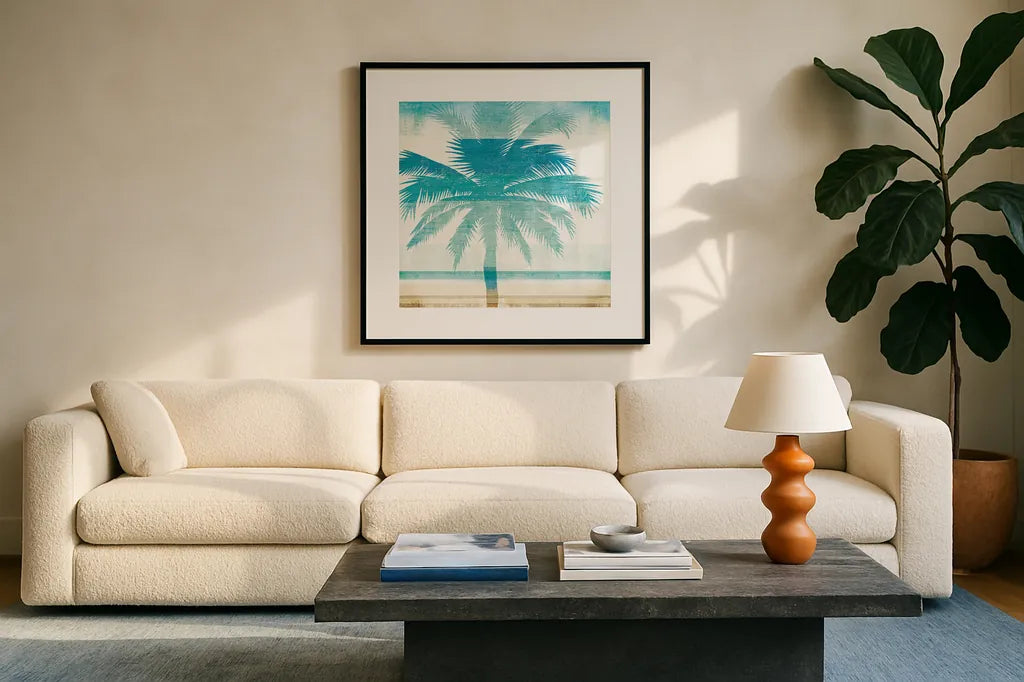 Beachscape Palms II by Michael Mullan. Displayed in a glass frame with matte in a clean modern living room. Available as an archival giclee rolled canvas, fine art paper, or poster print. SKU 23153a.