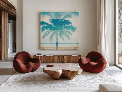 Beachscape Palms II by Michael Mullan. Shown as extra-large giant wall art in a modern living room. Available as an archival giclee rolled canvas, fine art paper, or poster print. SKU 23153a.