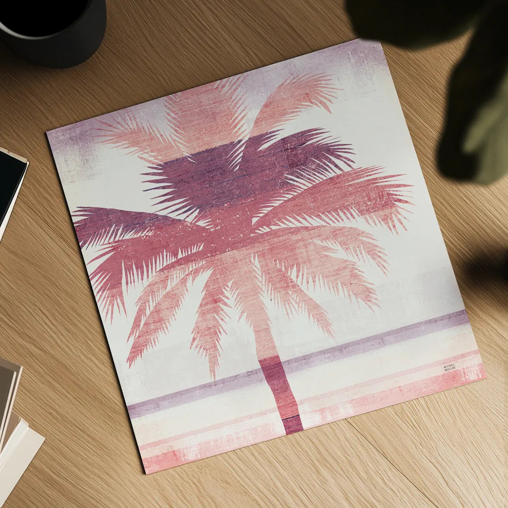 Beachscape Palms II Pink Purple by Michael Mullan. Shown as a detailed flat fine art print, highlighting archival giclee quality. Available as an archival giclee rolled canvas, fine art paper, or poster print. SKU 36332a.