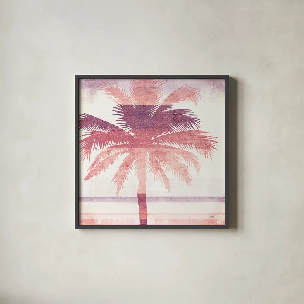 Beachscape Palms II Pink Purple by Michael Mullan. Shown in a sleek black glass frame for a contemporary gallery look. Available as an archival giclee rolled canvas, fine art paper, or poster print. SKU 36332a.