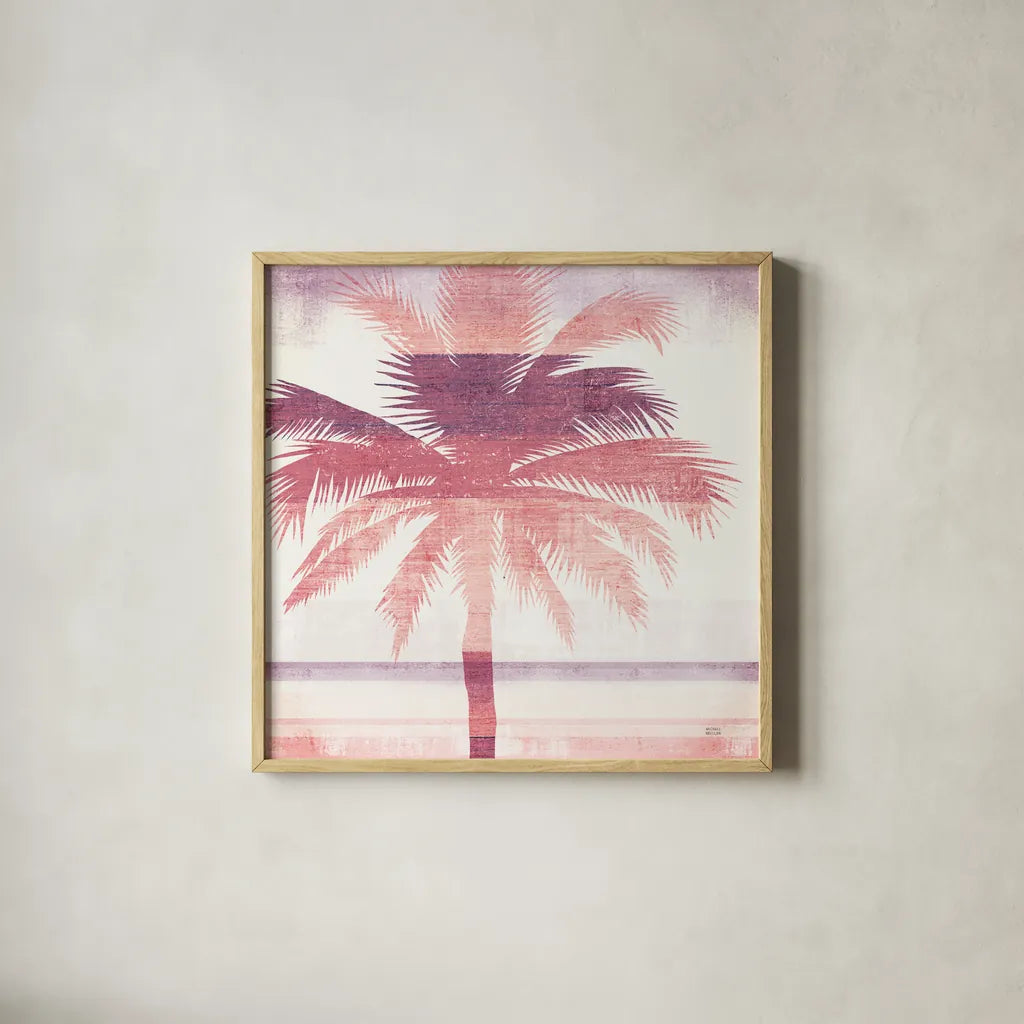 Beachscape Palms II Pink Purple by Michael Mullan. Shown in a natural wood glass frame for a timeless modern aesthetic. Available as an archival giclee rolled canvas, fine art paper, or poster print. SKU 36332a.