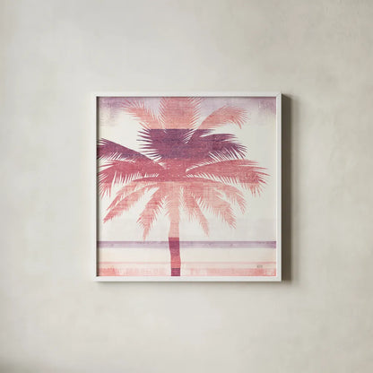 Beachscape Palms II Pink Purple by Michael Mullan. Shown in a crisp white glass frame for a clean and minimalist style. Available as an archival giclee rolled canvas, fine art paper, or poster print. SKU 36332a.
