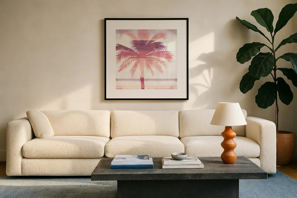 Beachscape Palms II Pink Purple by Michael Mullan. Displayed in a glass frame with matte in a clean modern living room. Available as an archival giclee rolled canvas, fine art paper, or poster print. SKU 36332a.