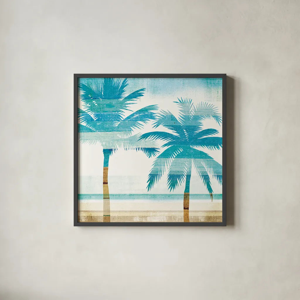 Beachscape Palms III by Michael Mullan. Shown in a sleek black glass frame for a contemporary gallery look. Available as an archival giclee rolled canvas, fine art paper, or poster print. SKU 23154a.