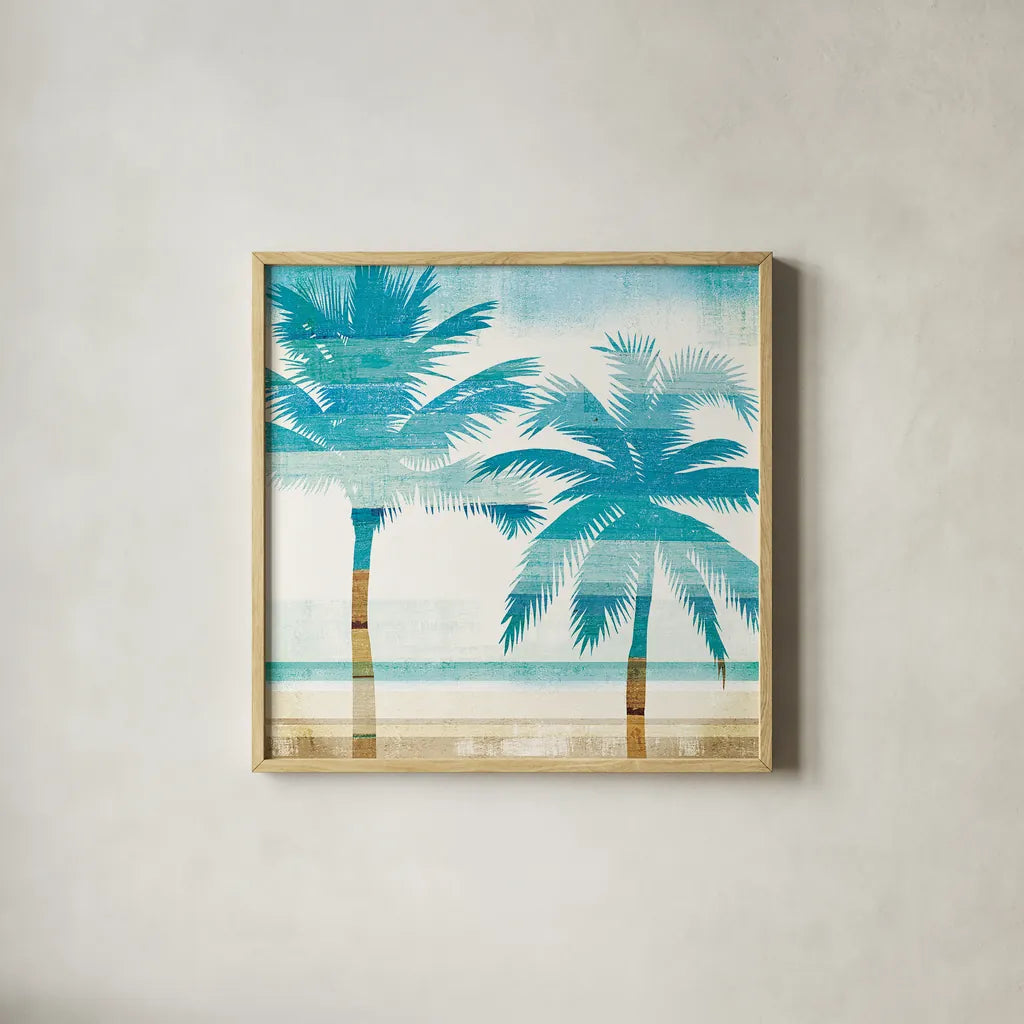 Beachscape Palms III by Michael Mullan. Shown in a natural wood glass frame for a timeless modern aesthetic. Available as an archival giclee rolled canvas, fine art paper, or poster print. SKU 23154a.