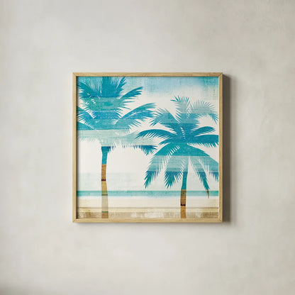 Beachscape Palms III by Michael Mullan. Shown in a natural wood glass frame for a timeless modern aesthetic. Available as an archival giclee rolled canvas, fine art paper, or poster print. SKU 23154a.