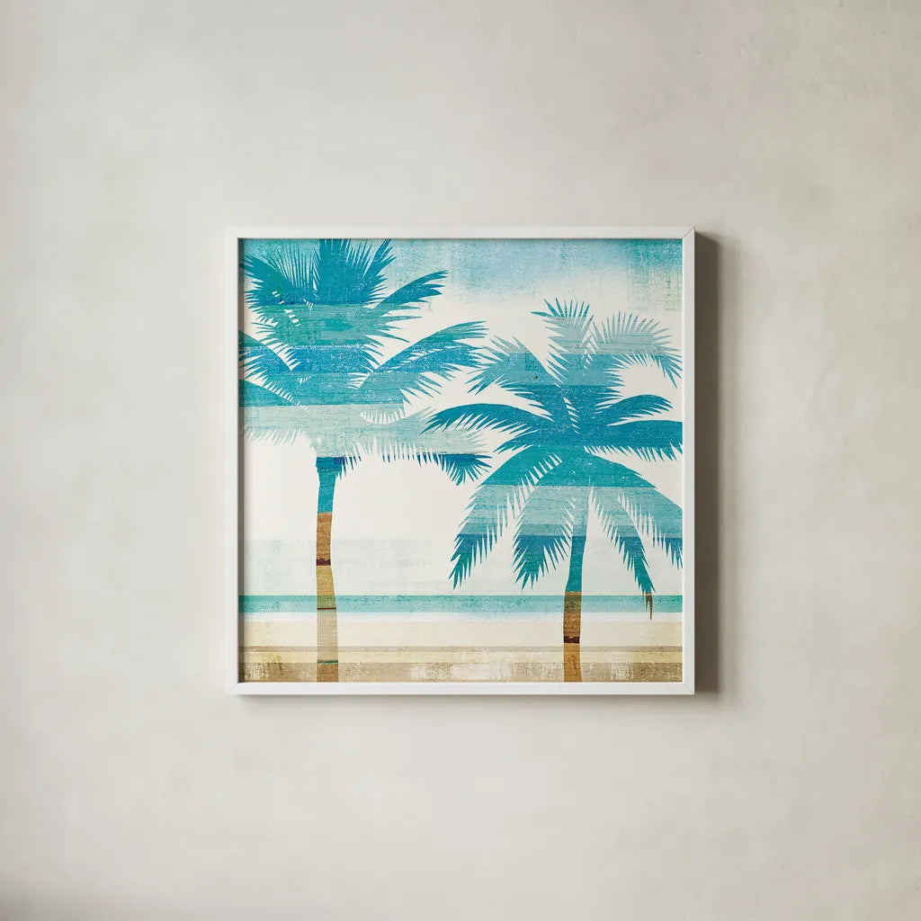 Beachscape Palms III by Michael Mullan. Shown in a crisp white glass frame for a clean and minimalist style. Available as an archival giclee rolled canvas, fine art paper, or poster print. SKU 23154a.