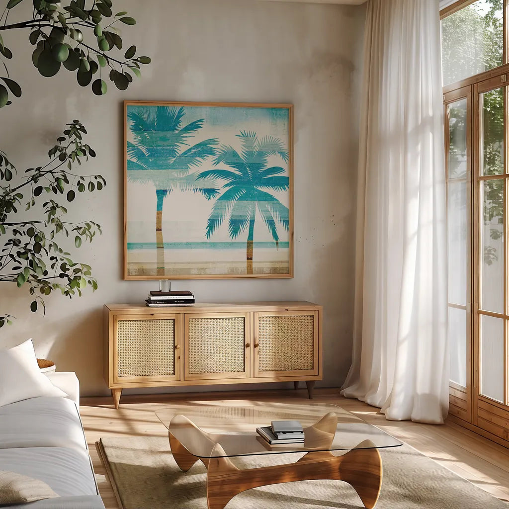 Beachscape Palms III by Michael Mullan. Shown in a natural wood frame in a cozy modern living room. Available as an archival giclee rolled canvas, fine art paper, or poster print. SKU 23154a.