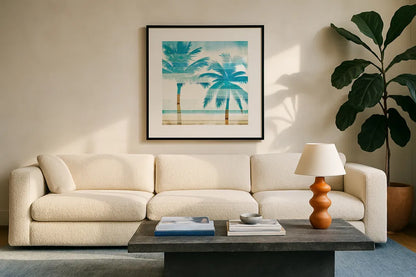 Beachscape Palms III by Michael Mullan. Displayed in a glass frame with matte in a clean modern living room. Available as an archival giclee rolled canvas, fine art paper, or poster print. SKU 23154a.