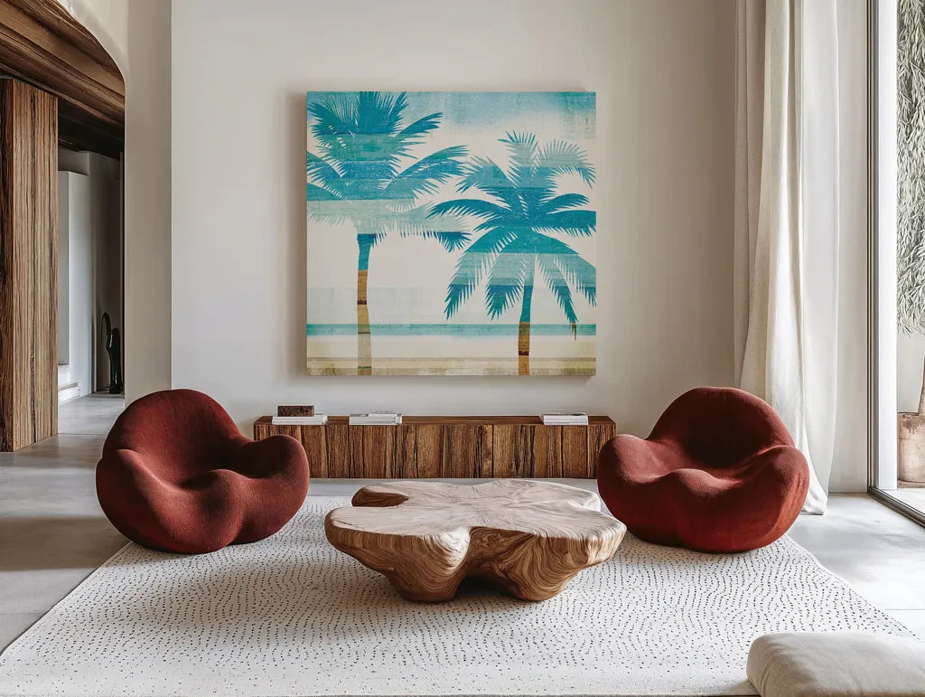 Beachscape Palms III by Michael Mullan. Shown as extra-large giant wall art in a modern living room. Available as an archival giclee rolled canvas, fine art paper, or poster print. SKU 23154a.