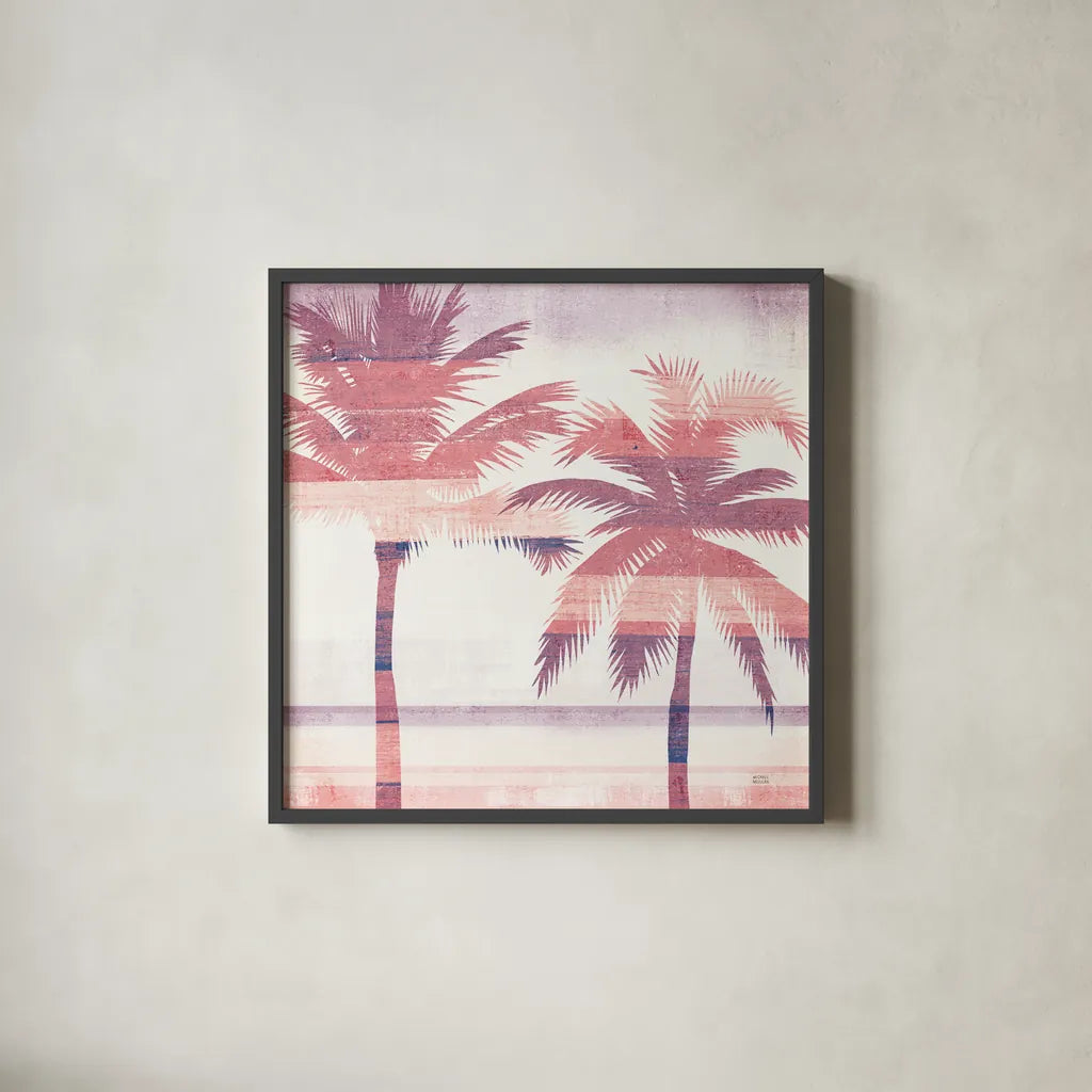 Beachscape Palms III Pink Purple by Michael Mullan. Shown in a sleek black glass frame for a contemporary gallery look. Available as an archival giclee rolled canvas, fine art paper, or poster print. SKU 36333a.