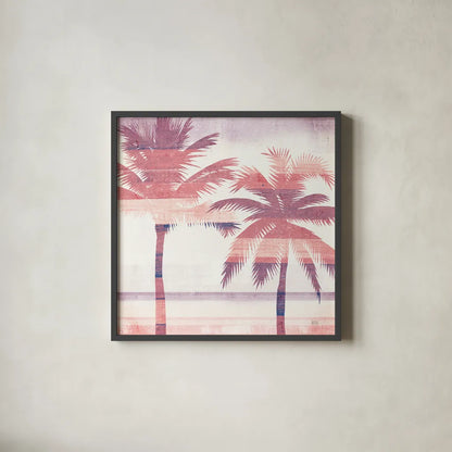 Beachscape Palms III Pink Purple by Michael Mullan. Shown in a sleek black glass frame for a contemporary gallery look. Available as an archival giclee rolled canvas, fine art paper, or poster print. SKU 36333a.