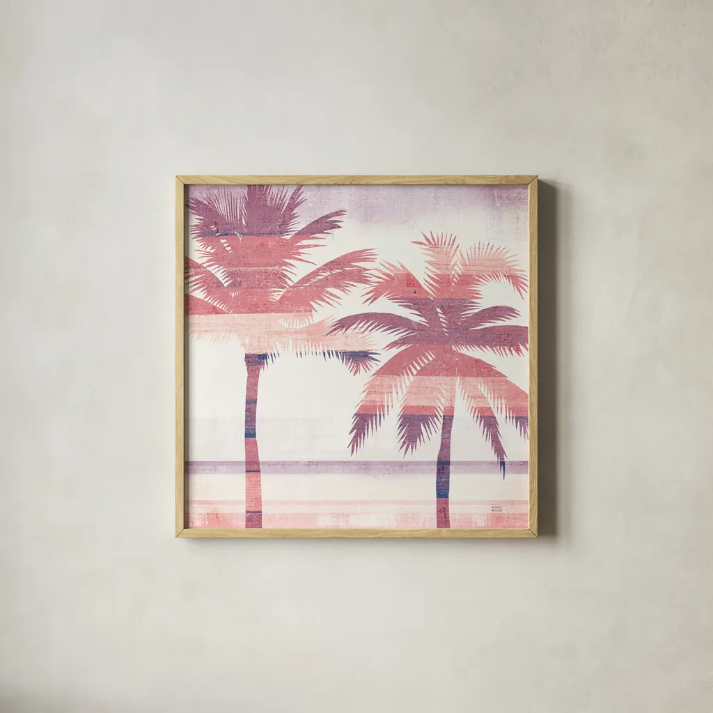 Beachscape Palms III Pink Purple by Michael Mullan. Shown in a natural wood glass frame for a timeless modern aesthetic. Available as an archival giclee rolled canvas, fine art paper, or poster print. SKU 36333a.