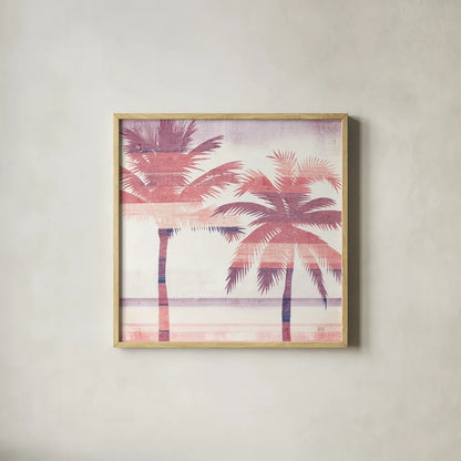 Beachscape Palms III Pink Purple by Michael Mullan. Shown in a natural wood glass frame for a timeless modern aesthetic. Available as an archival giclee rolled canvas, fine art paper, or poster print. SKU 36333a.
