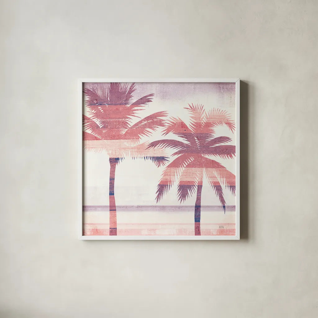 Beachscape Palms III Pink Purple by Michael Mullan. Shown in a crisp white glass frame for a clean and minimalist style. Available as an archival giclee rolled canvas, fine art paper, or poster print. SKU 36333a.