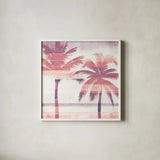 Beachscape Palms III Pink Purple by Michael Mullan. Shown in a crisp white glass frame for a clean and minimalist style. Available as an archival giclee rolled canvas, fine art paper, or poster print. SKU 36333a.