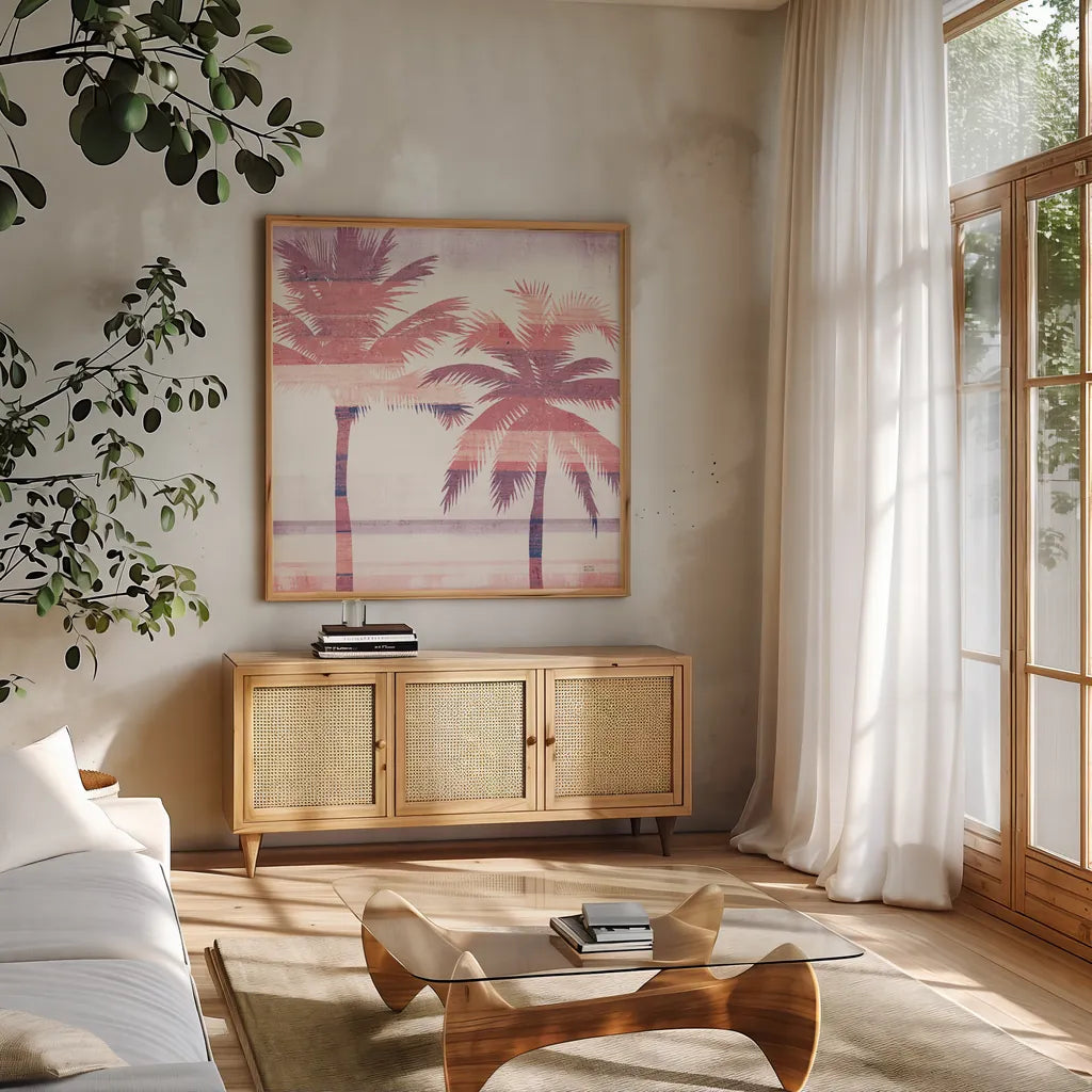 Beachscape Palms III Pink Purple by Michael Mullan. Shown in a natural wood frame in a cozy modern living room. Available as an archival giclee rolled canvas, fine art paper, or poster print. SKU 36333a.