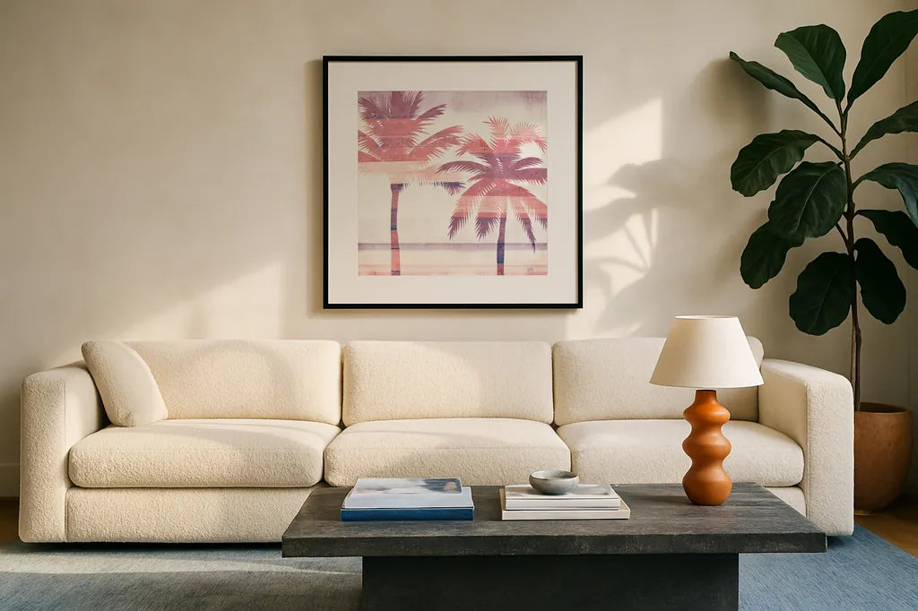 Beachscape Palms III Pink Purple by Michael Mullan. Displayed in a glass frame with matte in a clean modern living room. Available as an archival giclee rolled canvas, fine art paper, or poster print. SKU 36333a.