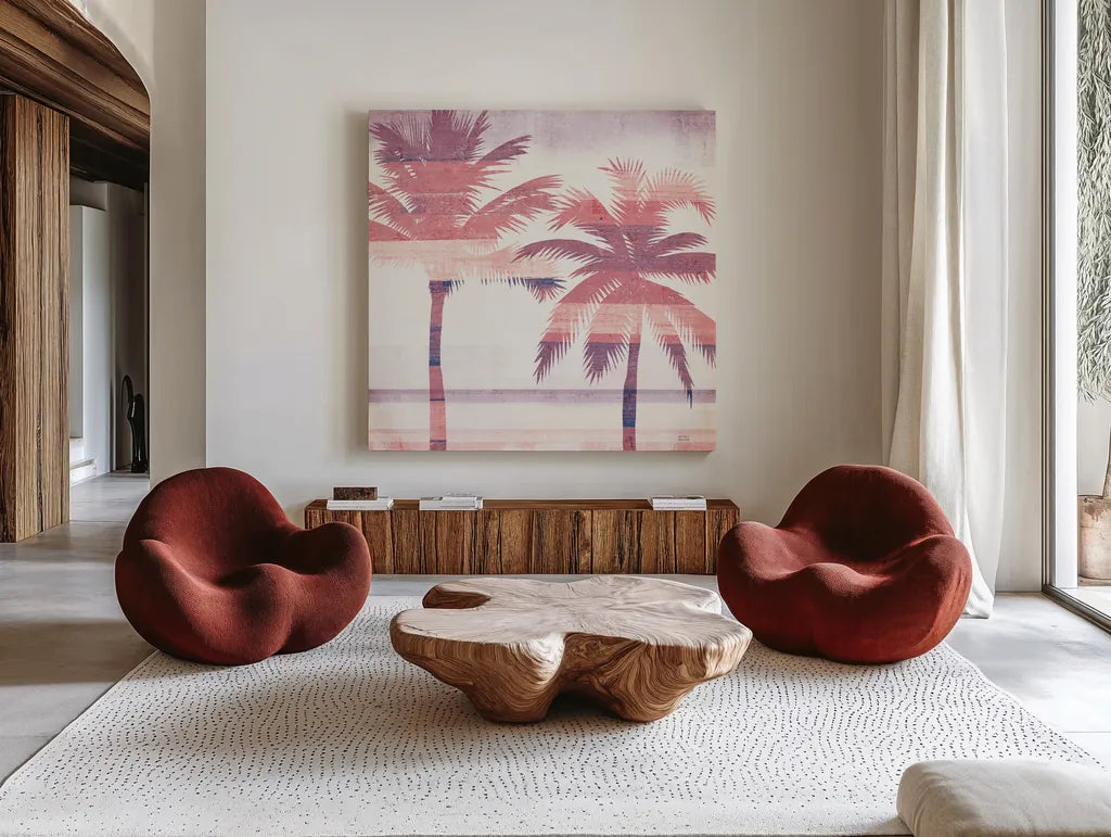 Beachscape Palms III Pink Purple by Michael Mullan. Shown as extra-large giant wall art in a modern living room. Available as an archival giclee rolled canvas, fine art paper, or poster print. SKU 36333a.