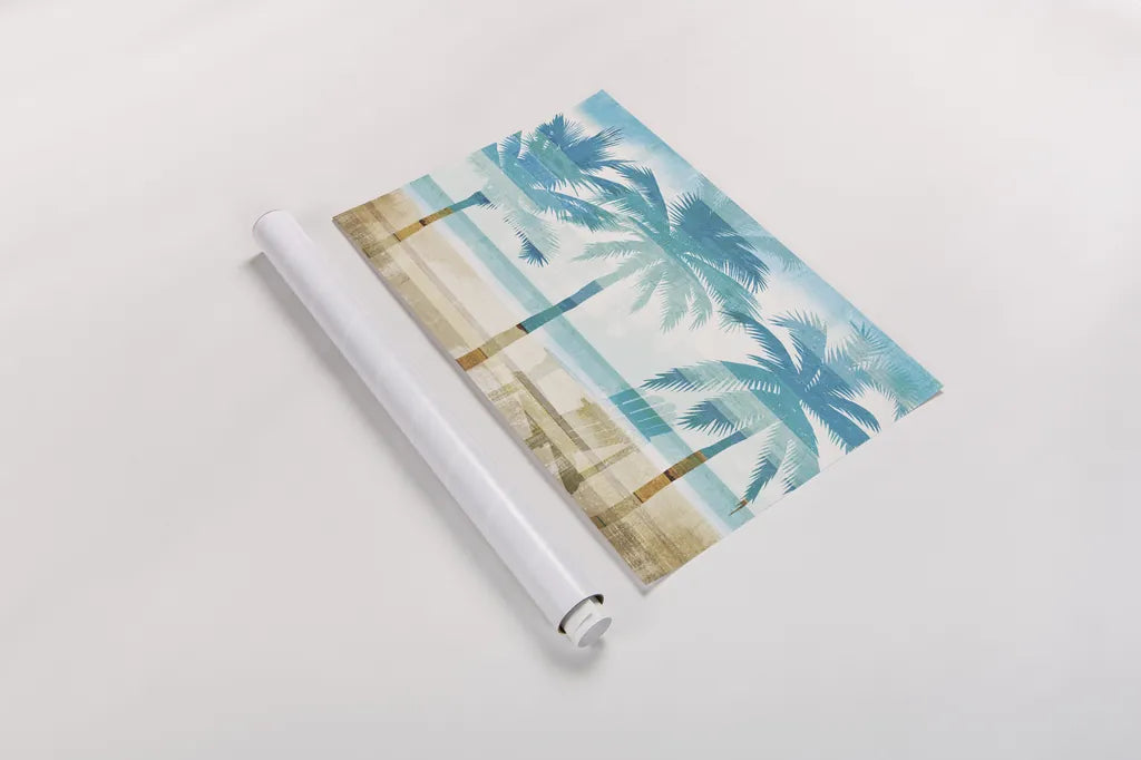 Beachscape Palms with chair by Michael Mullan. shown as a rolled paper print. Available as archival giclee rolled canvas, fine art paper, or poster print. SKU 44889i.