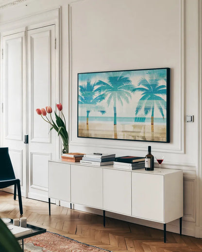 Beachscape Palms with chair by Michael Mullan. shown as a framed stretched canvas in a living room above a console. Available as a archival giclee rolled canvas, fine art paper, or poster print. SKU 44889i.