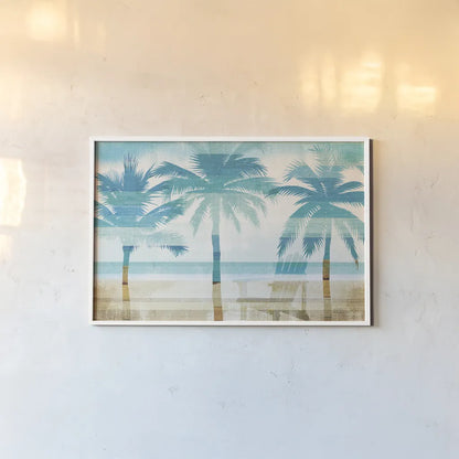 Beachscape Palms with chair by Michael Mullan. shown as a paper print in a white frame. Available as a archival giclee rolled canvas, fine art paper, or poster print. SKU 44889i.