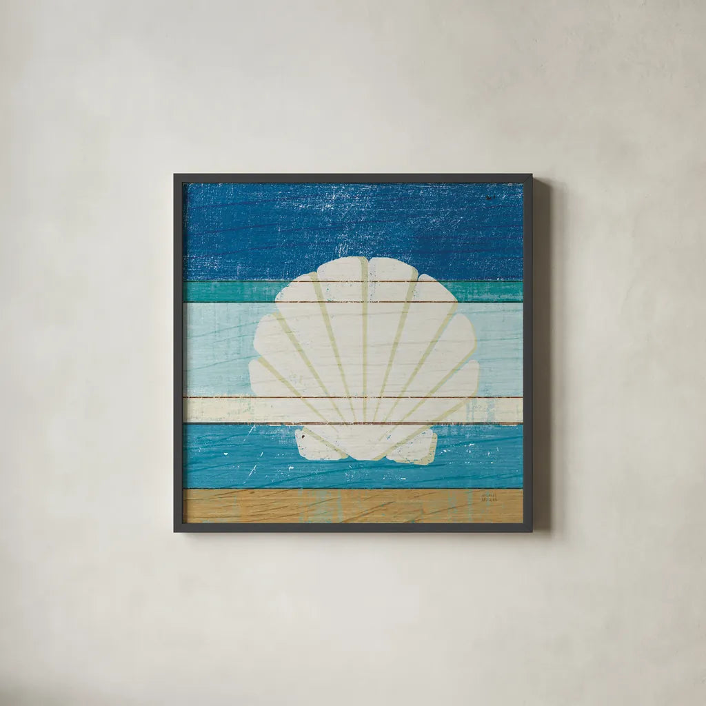 Beachscape Shell v2 by Michael Mullan. Shown in a sleek black glass frame for a contemporary gallery look. Available as an archival giclee rolled canvas, fine art paper, or poster print. SKU 44868a.