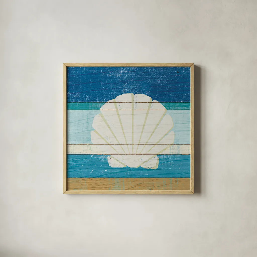 Beachscape Shell v2 by Michael Mullan. Shown in a natural wood glass frame for a timeless modern aesthetic. Available as an archival giclee rolled canvas, fine art paper, or poster print. SKU 44868a.