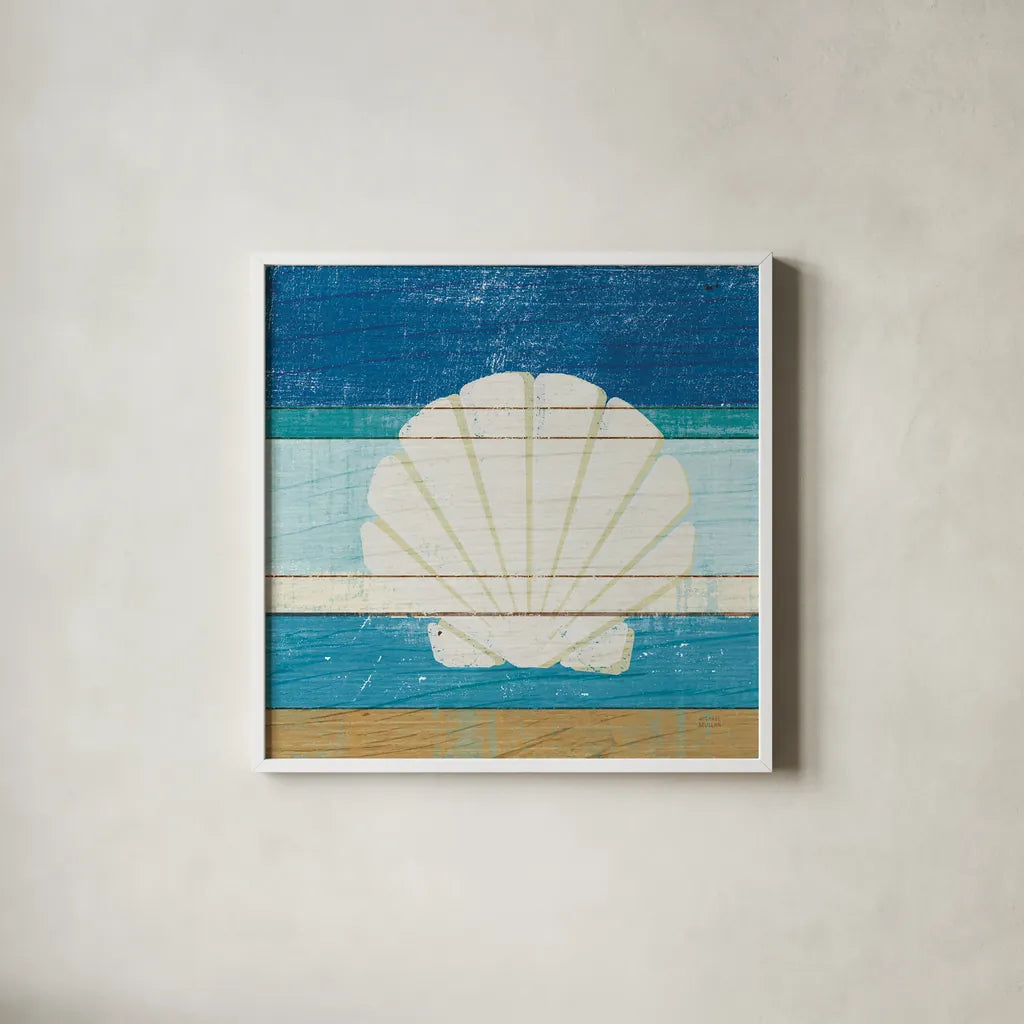Beachscape Shell v2 by Michael Mullan. Shown in a crisp white glass frame for a clean and minimalist style. Available as an archival giclee rolled canvas, fine art paper, or poster print. SKU 44868a.
