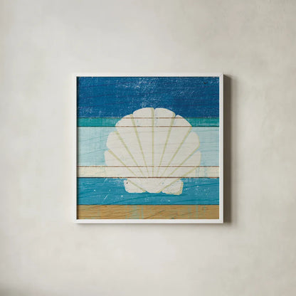 Beachscape Shell v2 by Michael Mullan. Shown in a crisp white glass frame for a clean and minimalist style. Available as an archival giclee rolled canvas, fine art paper, or poster print. SKU 44868a.