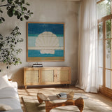 Beachscape Shell v2 by Michael Mullan. Shown in a natural wood frame in a cozy modern living room. Available as an archival giclee rolled canvas, fine art paper, or poster print. SKU 44868a.
