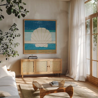 Beachscape Shell v2 by Michael Mullan. Shown in a natural wood frame in a cozy modern living room. Available as an archival giclee rolled canvas, fine art paper, or poster print. SKU 44868a.