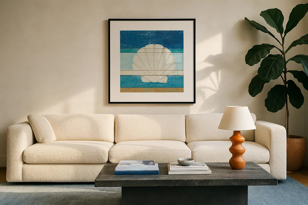 Beachscape Shell v2 by Michael Mullan. Displayed in a glass frame with matte in a clean modern living room. Available as an archival giclee rolled canvas, fine art paper, or poster print. SKU 44868a.