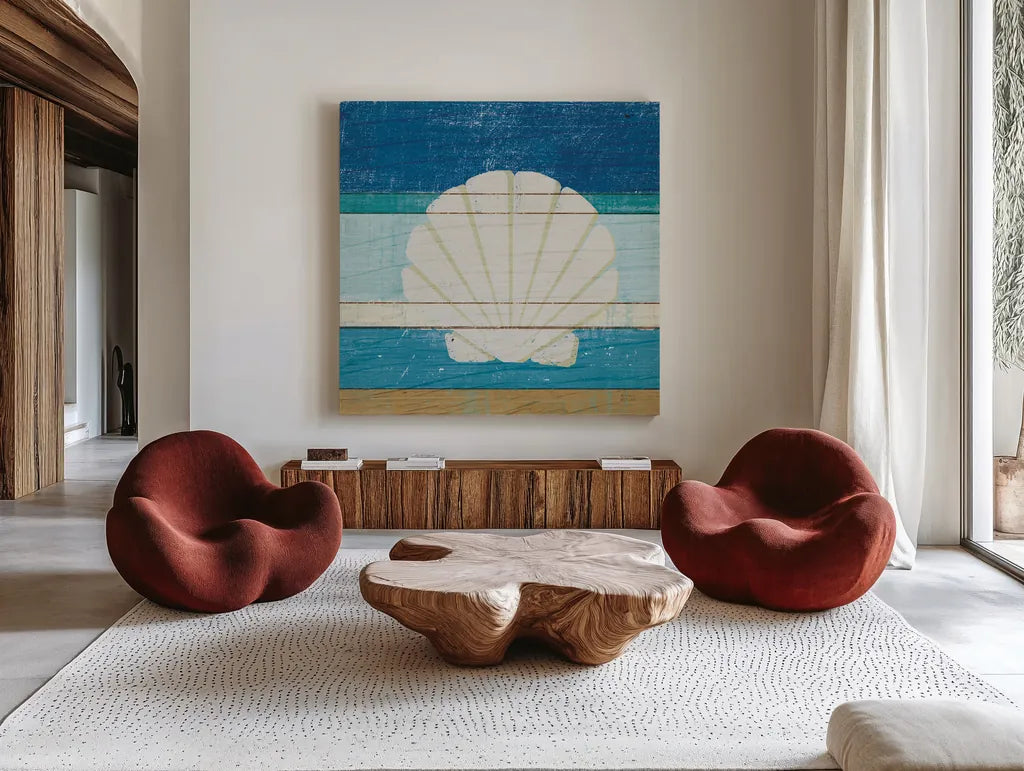 Beachscape Shell v2 by Michael Mullan. Shown as extra-large giant wall art in a modern living room. Available as an archival giclee rolled canvas, fine art paper, or poster print. SKU 44868a.