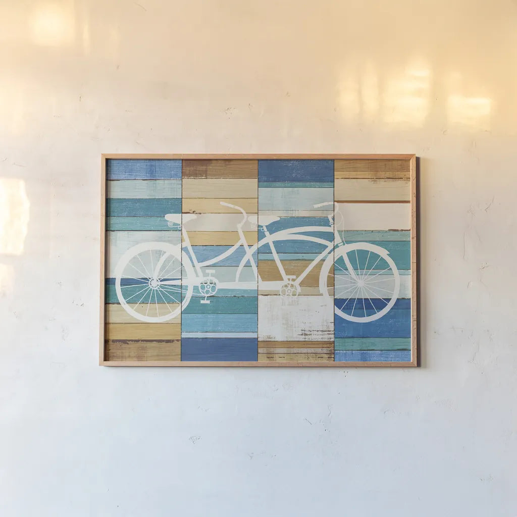 Beachscape Tandem Cruiser by Michael Mullan. shown as a paper print in a natural frame. Available as a archival giclee rolled canvas, fine art paper, or poster print. SKU 23116i.