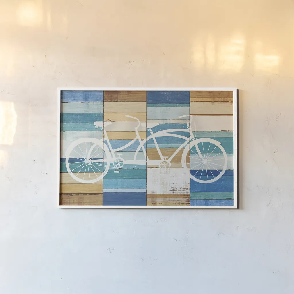 Beachscape Tandem Cruiser by Michael Mullan. shown as a paper print in a white frame. Available as a archival giclee rolled canvas, fine art paper, or poster print. SKU 23116i.