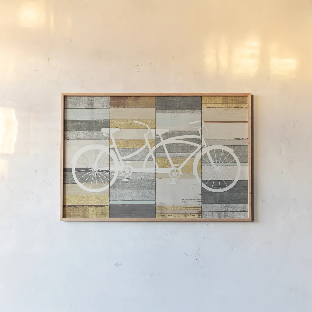 Beachscape Tandem Cruiser Gold Neutral by Michael Mullan. shown as a paper print in a natural frame. Available as a archival giclee rolled canvas, fine art paper, or poster print. SKU 23117i.