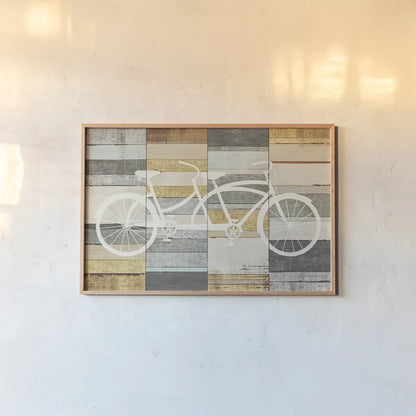 Beachscape Tandem Cruiser Gold Neutral by Michael Mullan. shown as a paper print in a natural frame. Available as a archival giclee rolled canvas, fine art paper, or poster print. SKU 23117i.