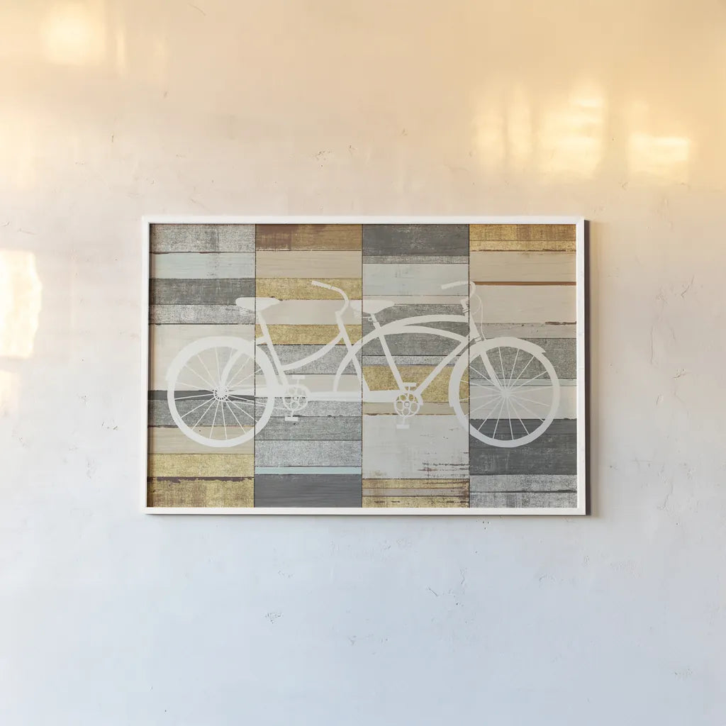Beachscape Tandem Cruiser Gold Neutral by Michael Mullan. shown as a paper print in a white frame. Available as a archival giclee rolled canvas, fine art paper, or poster print. SKU 23117i.