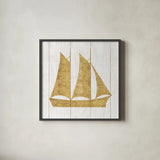 Beachscape V Boat Gold Neutral by Michael Mullan. Shown in a sleek black glass frame for a contemporary gallery look. Available as an archival giclee rolled canvas, fine art paper, or poster print. SKU 23138a.