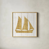 Beachscape V Boat Gold Neutral by Michael Mullan. Shown in a natural wood glass frame for a timeless modern aesthetic. Available as an archival giclee rolled canvas, fine art paper, or poster print. SKU 23138a.